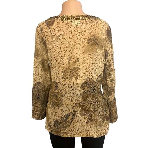 Chico’s 100% Silk Floral Sheer Jeweled Neckline Blouse Brown - Picture 7 of 10